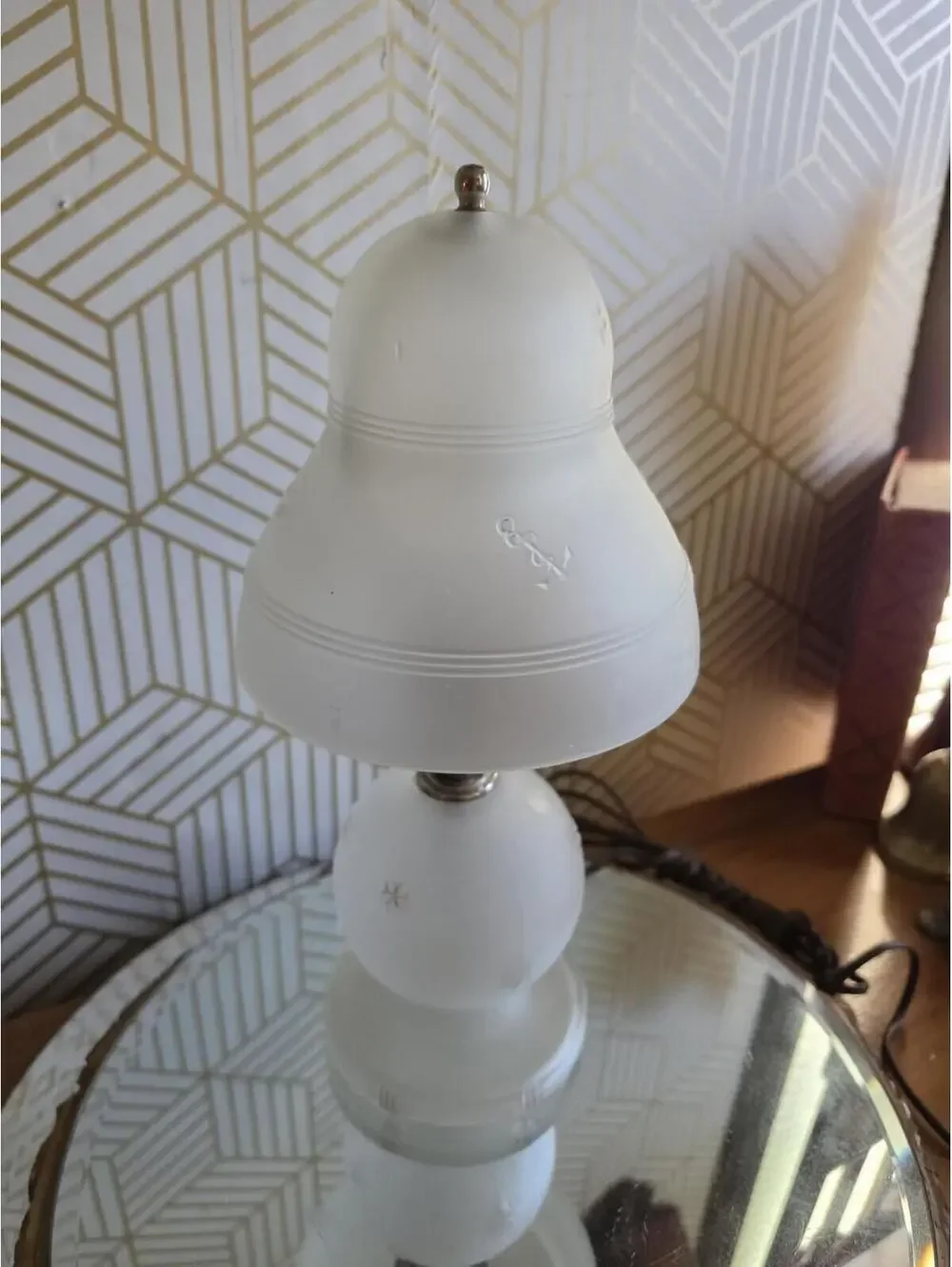 Antique Art Deco Frosted Glass Petite Anchor Nautical Lamp w Glass Bell Shade